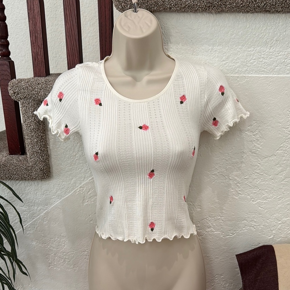 ANTHROPOLOGIE Women’s Cropped Ivory with Embroidered Roses Top Size XS NWT